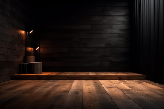 A dark room with a wooden floor and a wooden floor with a light on it.