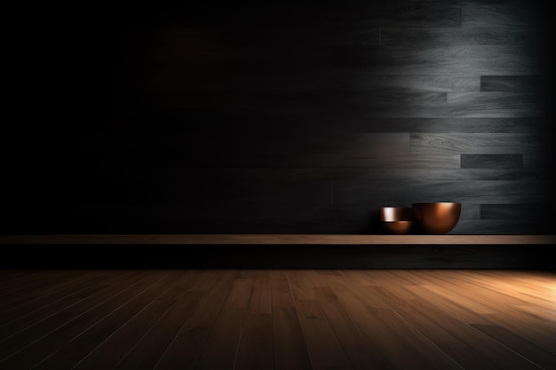 A dark room with a wooden shelf and a wooden shelf with brass bowls on it.