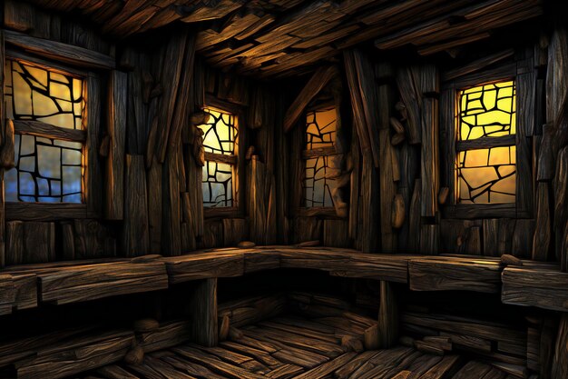 A dark room with wooden walls and wooden floor