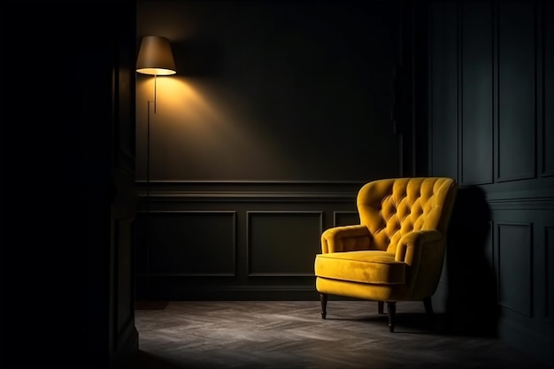 Dark room with yellow armchair on black wall background ai generated