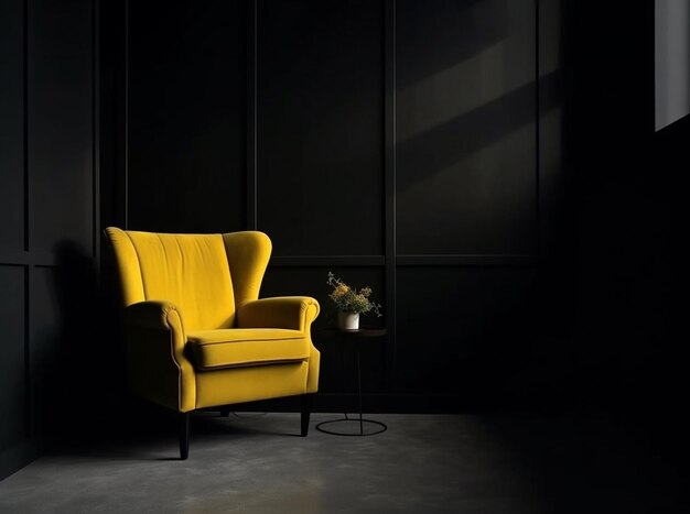 Dark room with yellow armchair on black wall background