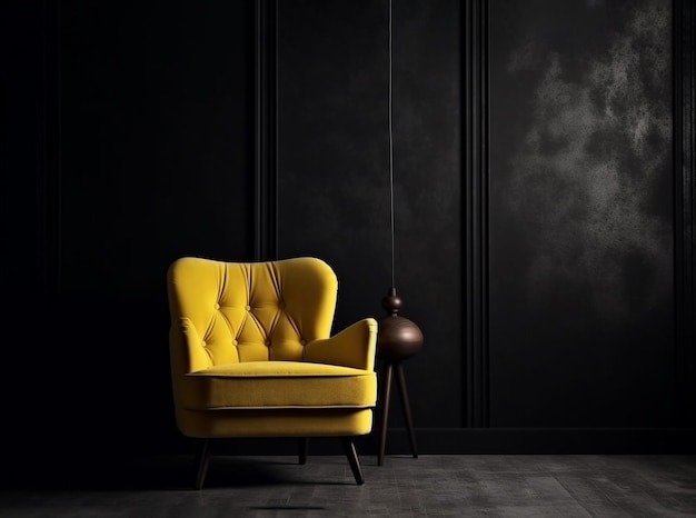 Dark room with yellow armchair on black wall background