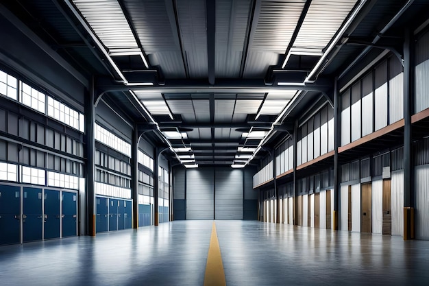 a dark room with a yellow line on the floor and a blue door.