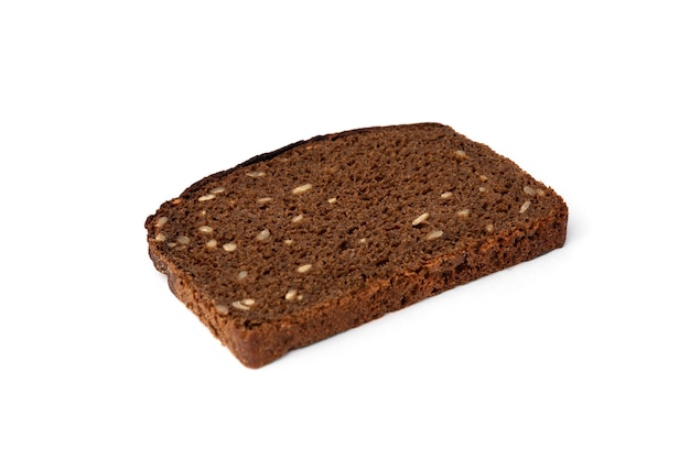 Dark rye bread with sunflower seeds isolated on white background.