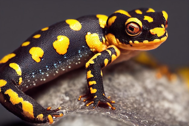 Dark salamander with yellow spots and orange eyes on smooth\
gray stone