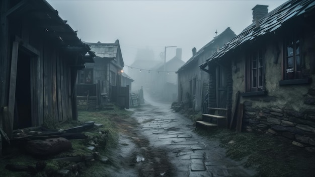 Темная и страшная атмосферная старая неровная поврежденная каменная улица со старыми деревянными домами в рыбацкой деревне