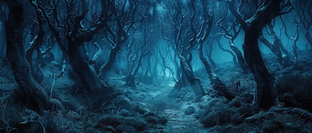 Dark scary creepy woods path in spooky fairy tale forest at night Landscape with dry trees and blue mystic light Concept of fantasy horror haunted enchanted nature background