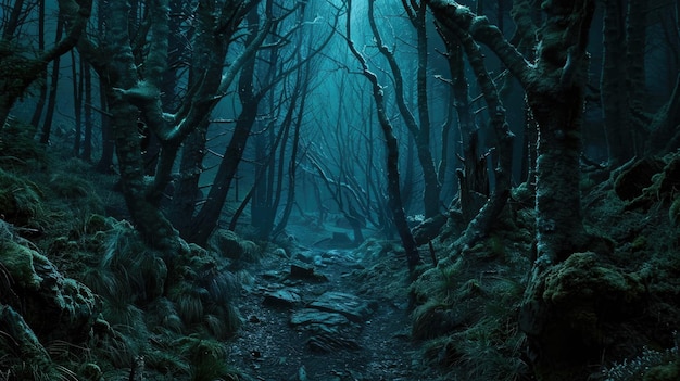 Dark scary gloomy woods path in spooky forest at night Landscape with dry black trees and mystic light Concept of fantasy fairy tale horror enchanted nature mystery