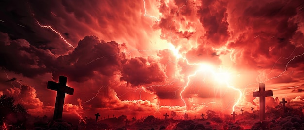 Photo the dark and scary silhouettes of hell realm bright lightnings in apocalyptic skies judgement day the end of the world eternal damnation combine to create a dramatic religious background