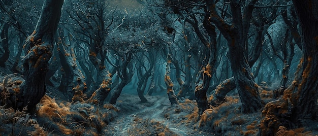 Dark scary woods path in spooky fairy tale forest at night Landscape with strange trees and mystic lighting Concept of fantasy enchanted nature mystery background