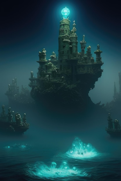 A dark scene with a building in the middle of the ocean