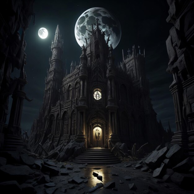 A dark scene with a clock on the front of it