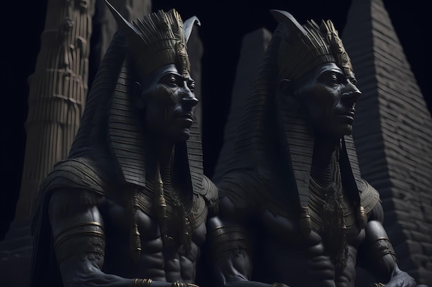 A dark scene with egyptian statues in the foreground.