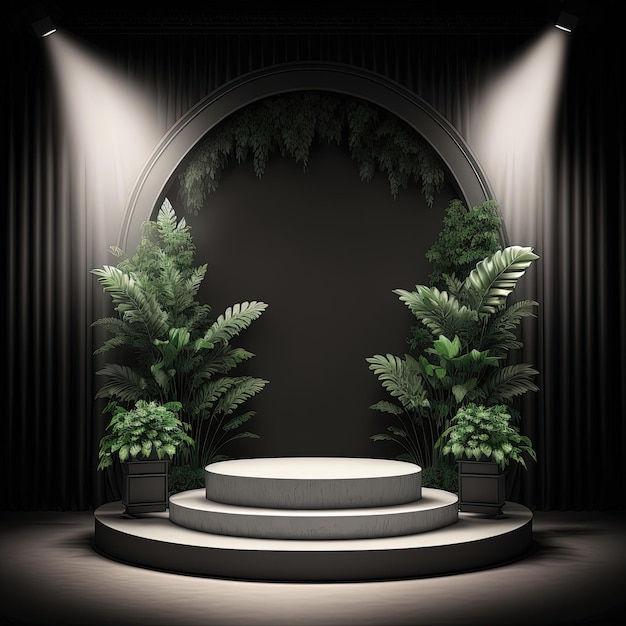 Dark Scene with geometric shapes leaves 3D stage for displaying a product Ai generated