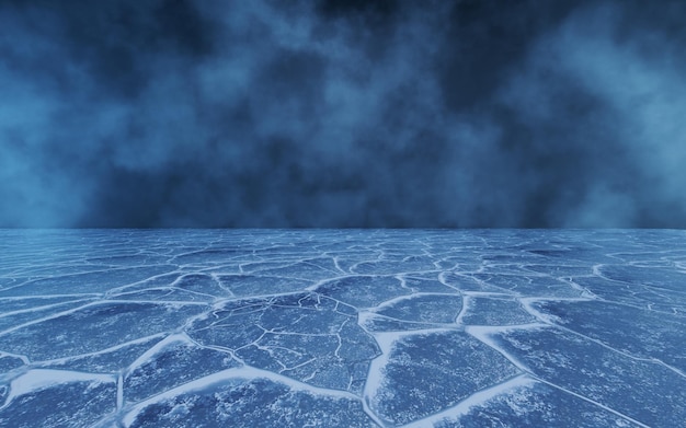 Dark scene with ice ground surface 3d rendering