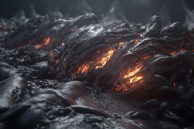 A dark scene with lava and mountains in the background