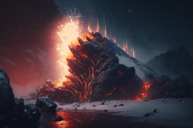 A dark scene with a lava rock in the middle of the image.