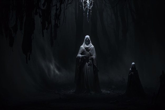 A dark scene with a man in a dark forest and a light in the background.