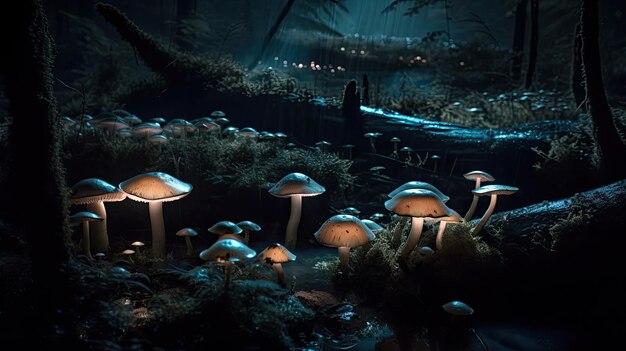 A dark scene with mushrooms in the dark