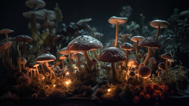 A dark scene with mushrooms and a lit up light.