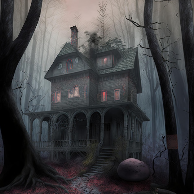 영화 게임과 책에 사용하기 위해 숲속의 어두운 구름과 하늘 삽화에 집이 있는 신비로운 분위기의 안개가 낀 어두운 무서운 분위기