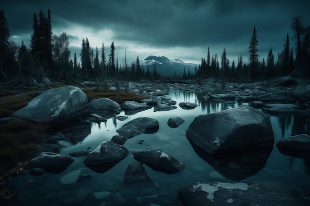 A dark scene with a river and mountains in the background.