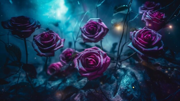 A dark scene with roses in purple and pink.