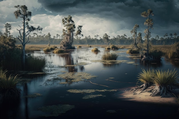 A dark scene with a swamp and trees