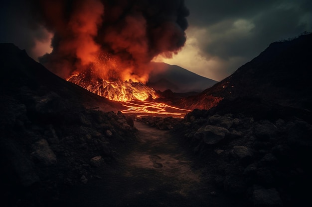 A dark scene with a volcano and a dark sky with smoke coming out of it.