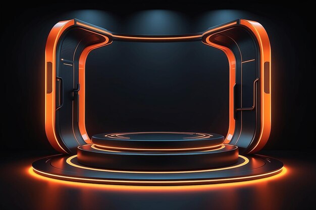 Dark sci fi futuristic cyber stage podium neon orange glowing modern showroom product showcase isolated on black background Vector illustration