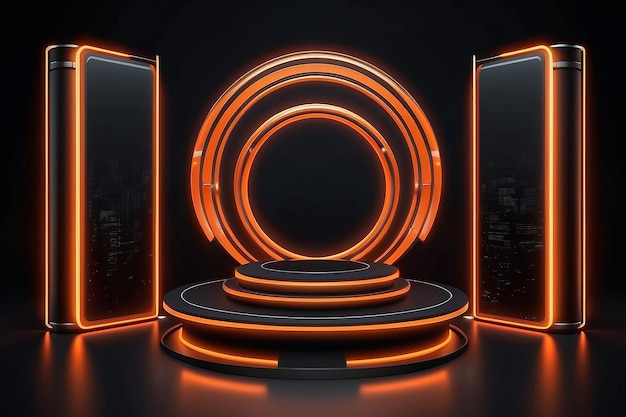 Dark sci fi futuristic cyber stage podium neon orange glowing modern showroom product showcase isolated on black background