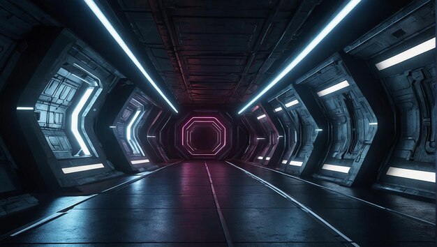 A dark scifi corridor with blue and orange lights