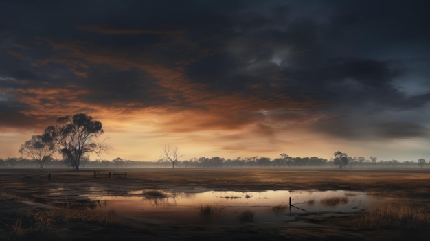 나무와 연못이 있는 어둡고 고요한 호주 풍경 사진
