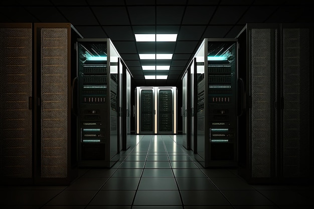 Dark servers datacenterruimte met computers en opslagsystemen