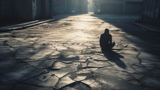 Темная тень одинокого человека на земле на улице Незнакомец с сигаретой Тревога депрессия одиночество понятие страха
