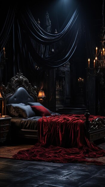 the dark side of the bed is a dark room with a dark red bed and a chandelier