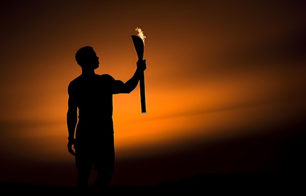 Dark silhouette of an athlete holding the Olympic flame against the backdrop of sunset The opening ceremony of the Olympic Games