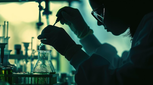 Dark silhouette of a female scientist conducting a scientific experiment close up A woman using a pipette will add a green reagent to a glass flask with a clear liquid