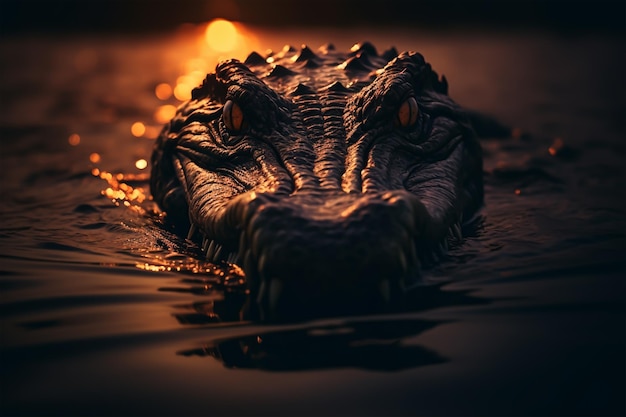 dark silhouette image of a crocodile swimming zig zag in a lake