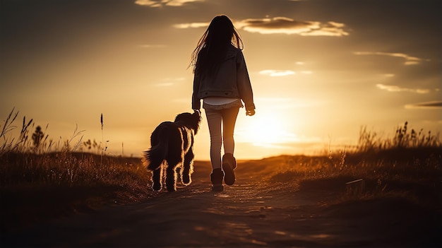 犬と歩いている女の子の暗いシルエット画像