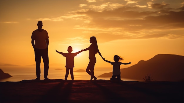 dark silhouette image of a happy family doing yoga