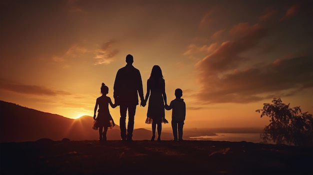 dark silhouette image of a happy family including mother father brother sister