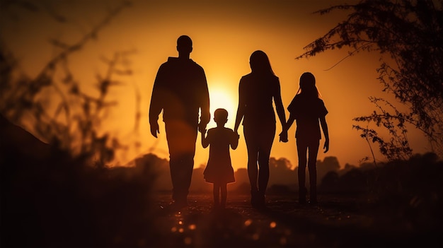 темный силуэт счастливой семьи, включая мать, отца, брата, сестру