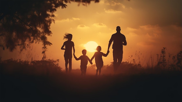 dark silhouette image of a happy family running