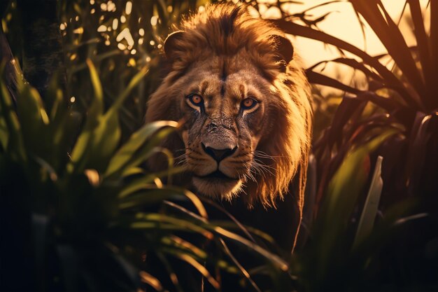 dark silhouette image of a lion prowls in a jungle