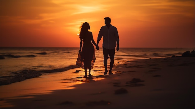 dark silhouette image of a lovely couple go on a beach