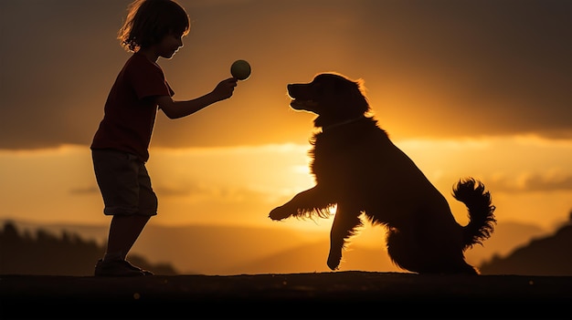 Фото Темный силуэт мальчика, играющего с собакой