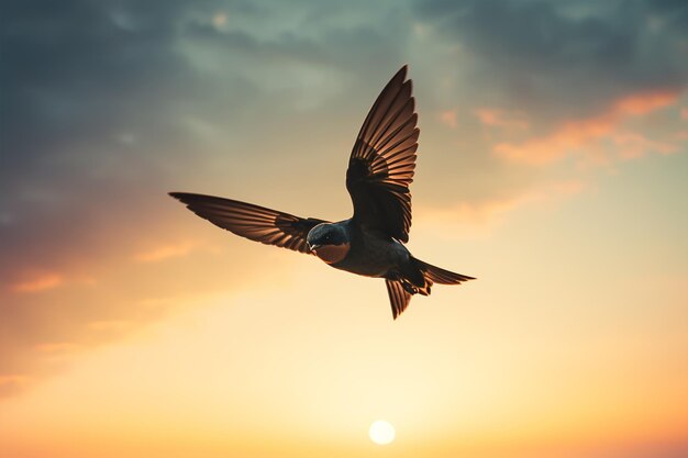 dark silhouette image of a swallow dive in a sky