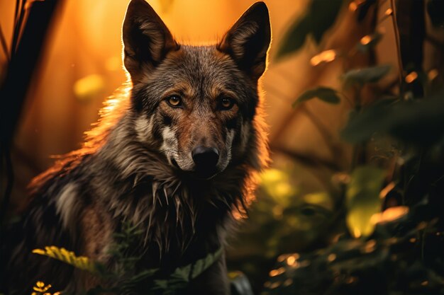 dark silhouette image of a wolf lopes in a jungle