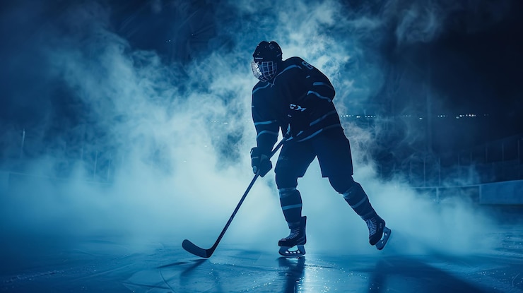 Photo dark silhouette of a male hockey player in uniform helmet and skates with a stick